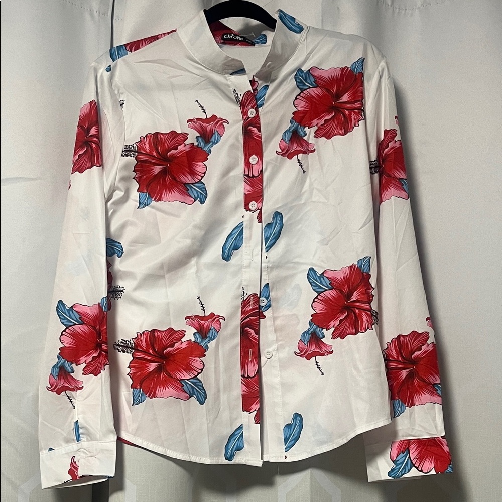 Chic me White Shirt with Red and Blue hibiscus Floral Design